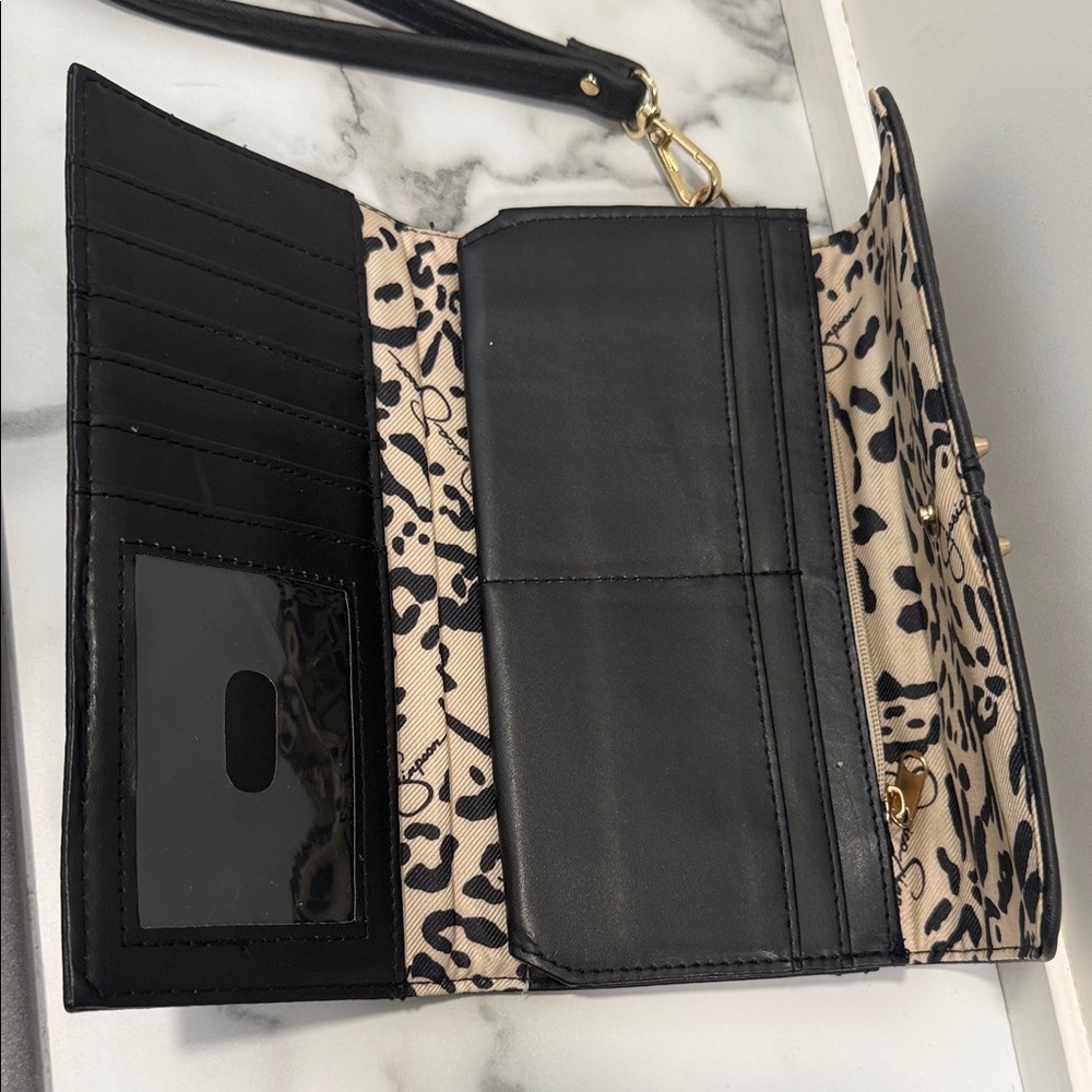 Jessica Simpson Black Faux Leather Wristlet Clutch with Gold Logo - Picture 3 of 4